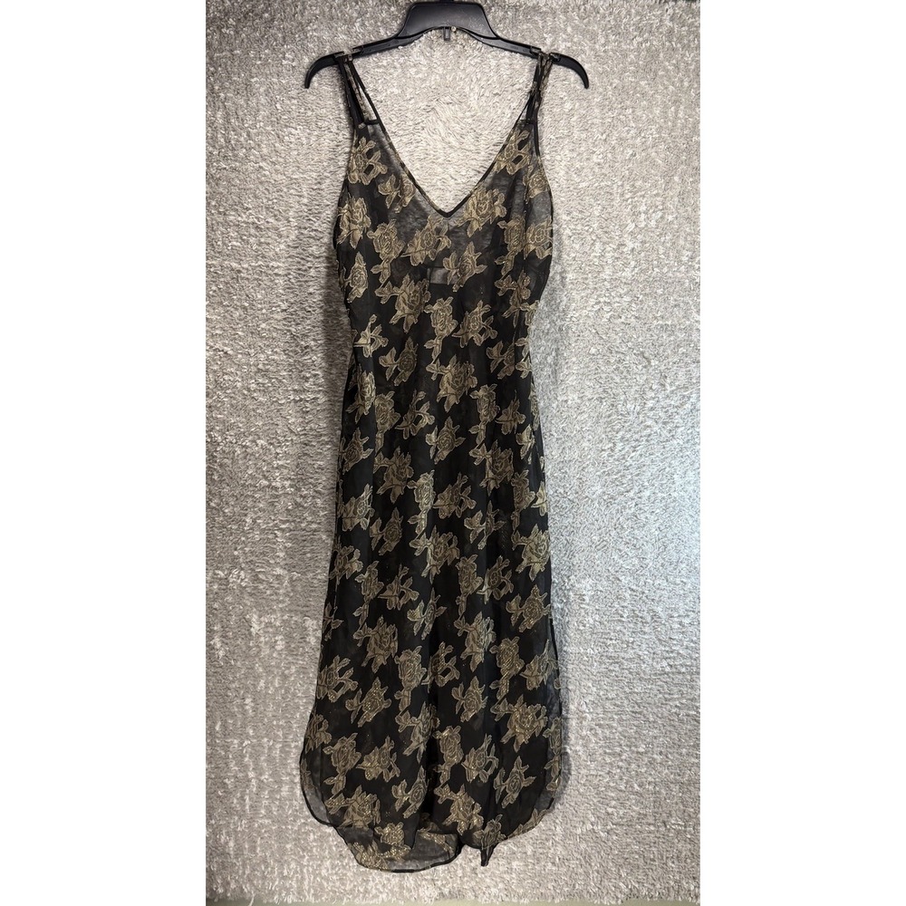 California Dynasty Midi Slip Dress Lace Sheer Golden Floral Black Nightgown M